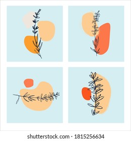 Vector graphics with lavender branch and abstract shapes. Set of decor printable art. Contemporary design for prints, posters, stationery, logos, branding, invitations, social media posts