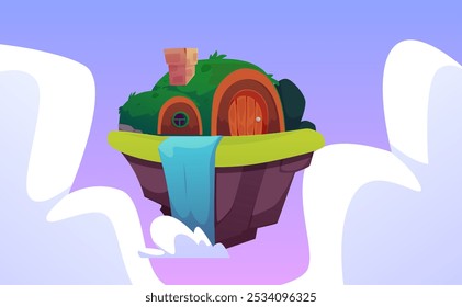 Vector con una isla levitante con una casa cubierta de hierba rodeada de vegetación y una cascada. Es ideal para decorar niveles de juego