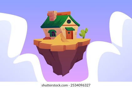 Gráficos de Vector con una isla levitante con una casa de piedra rodeada de arena. Es ideal para decorar niveles de juego en un entorno fantástico.