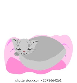 Vector graphics. A light-colored cat sleeps on a pink pillow on a white background.