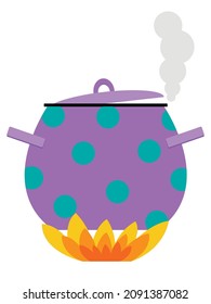 Vector graphics - a lilac pan with green circles with the lid ajar and hot steam boils on the fire in close-up isolated. Concept cooking and gas consumption