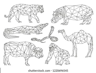 Líneas gráficas vectoriales de animales africanos en un fondo blanco. Conjunto de ilustraciones geométricas de polos bajos en el estilo del origami.