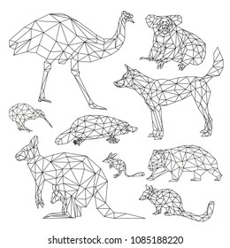 Vector graphics lines of Australia animals. Set of geometric low poly illustrations in the style of origami.