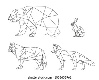 Vector graphics lines of Russian animals. Set of geometric low poly illustrations.