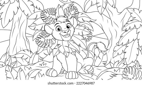 Vector graphics, lion cub in the jungle, coloring book
