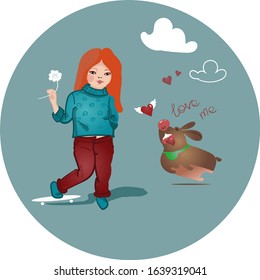 Vector graphics. A little athletic girl walks with a cheerful dog. A little girl with a flower in her hand, riding a skateboard, walks a cheerful dog that catches flying hearts.