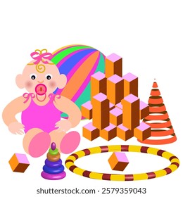 Vector graphics. Little girl with a pacifier in her mouth sits among toys.