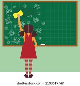 Vector graphics - a little schoolgirl girl erases coronavirus molecules drawn with chalk from a green blackboard. Concept - back to school