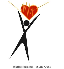 Vector graphics. Logo, emblem. Silhouette of a man holding a heart with a cardiogram on his outstretched arms.