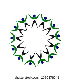 Vector graphics. Logo, sign. On a white background, people with raised hands formed a circle in the shape of a flower.