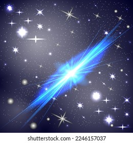Vector graphics. Lots of luminous stars are scattered on a dark blue background. In the foreground is the cosmic light of a new star.
