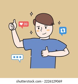 Vector graphics. The man with the badges. Social network. Popularity. Fun