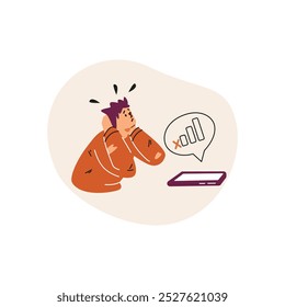 Vector graphics with a man with a phone not catching the network. It depicts a confused traveler in need of help. Illustration of the problems of single tourism.