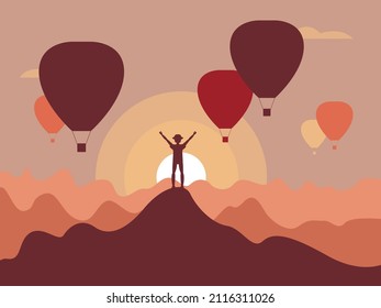 Vector graphics - a man stands on the top of a mountain with his hands raised against the background of sunrise and flying balloons of trendy colors. Concept - freedom and conquest