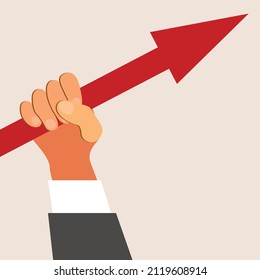 Vector graphics - A man's hand firmly holds a red arrow pointing upwards isolated close-up. Concept - financial growth and success