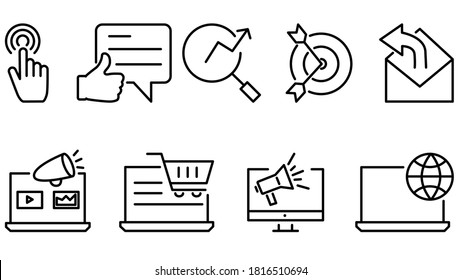 Vector graphics. Marketing SEO, Analytics, Advertising, Business Icon Set Linear Icons such as: Research, Internet Marketing, Advertising, Reviews, Marketing, Social Media, Email Marketing, Goal. - Shutterstock ID 1816510694
