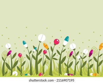 Gráficos vectoriales - flores de pradera con tallos verdes y hojas con capuchas - pastillas y dragas coloridas y espacio para copiar. Concepto - homeopatía y medicina alternativa