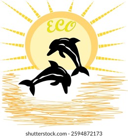 Vector graphics. Minimalism. Dolphins jumping in sea waves against the sun.