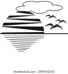 Vector graphics. Minimalism. On a white background, the sun, sea, cloud and birds.
