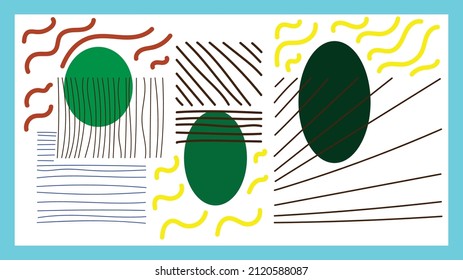 Vector graphics. Minimalist art. Ellipses covered with square and rectangular hatching complemented by simple one-color ripples