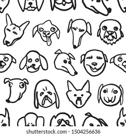 Vector graphics. Minimalistic illustration. Seamless pattern on a white background. Funny stupid dogs. Cartoon style freehand drawing. 