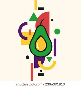 Gráficos vectoriales en un estilo minimalista con elementos geométricos. Ilustración de un aguacate en un estilo plano.