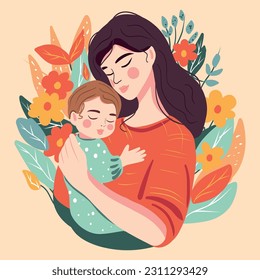 La madre de los gráficos vectoriales y su bebé, la mujer abrazando a su bebé, el día de la madre, el día de los hijos, las vacaciones, la tarjeta, el afiche, el amor, la familia, la hija, el hijo, el vector plano