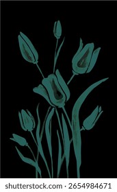 Vector graphics. Monochrome image. Emerald tulips on a black background. Neon effect. Poster, sticker, banner, postcard