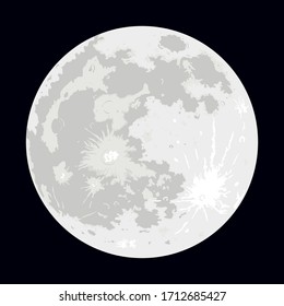 Vector graphics of the moon on a black background. Realistic illustration of the Earth's satellite.