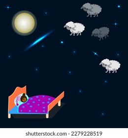 Vector graphics. The moon and stars shine in the night sky. A teddy bear lies in bed counting sheep while trying to sleep.