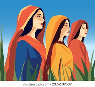 Vector graphics of a mother banner of Israeli women standing together in a field against a background of blue sky and dove. World peace, strong people. Women's Day. Vector concept for freedom. No war