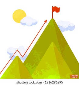 Vector graphics. Mountains and up arrow. Flag on top of the mountain. Business concept, goal achievement, success and winning.