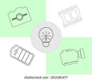 Vector graphics of movie maker app icon. Camera, negative film, video camera, light bulb, battery.