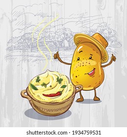 Vector Graphics. Mr. Potato in a canapé hat with thumbs up. In front of him is a plate of mashed potatoes and greens. In the background is a drawing of a village, houses and trees on a wooden backgrou