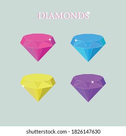 Vector graphics. Multi-colored four diamonds. Set of selection of diamonds for game icons