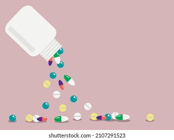Vector graphics - multicolored pills, capsules and tablets are poured out of a white plastic bottle on a beige background and space for copying. Concept medicine and Pharmacology
