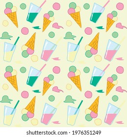 Vector graphics - multi-colored seamless pattern with ice cream balls in a waffle cup and cocktails with tubes on a light beige background. Concept-summer