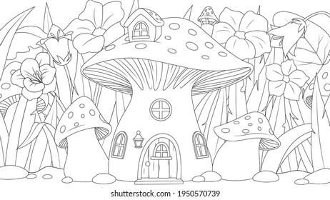 Vector graphics  mushroom house for fairy  in fairy glade and flowers  fantasy  book coloring