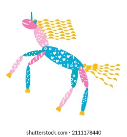 Vector graphics - naive children's drawing - a multicolored unicorn with an abstract pattern isolated. Concept - a fairy -tale character