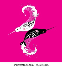 Vector graphics of narwhals on a pink background