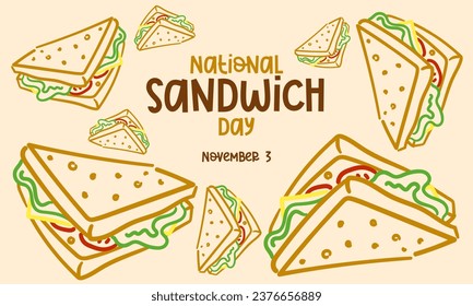 Vector graphics of national Sandwich Day are good for celebrating national sandwich Day. Flat linear design. Design of leaflets, postcards, flyers. Flat illustration with text. November 3. Linear