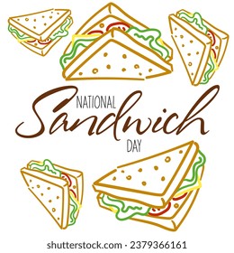 Los vectores gráficos del día nacional del sándwich son buenos para celebrar con el Día Nacional del Sándwich. Diseño lineal plano. Volantes, postales, volantes. Ilustración plana con texto. 3 de noviembre. Cartel cuadrado.