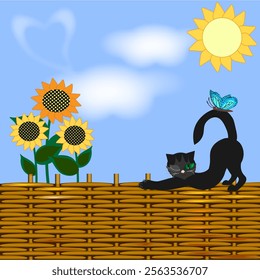 Vector graphics. Nature. On a wicker fence a cat with a butterfly on its tail. Clouds, the sun is shining. Sunflowers are growing behind the fence.