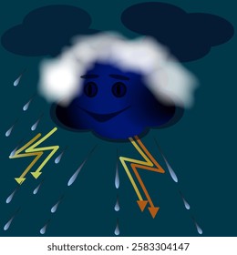 Vector graphics. Nature. Weather. Lightning flashes from a dark cartoon cloud and it rains.