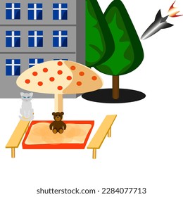 Gráficos vectoriales. Cerca de la casa hay una zona de juegos con una sombrilla de setas y arena. Un oso de peluche se sienta en la caja de arena, un gato blanco se sienta en un banco. Un cohete está dirigido a la vida pacífica desde arriba.