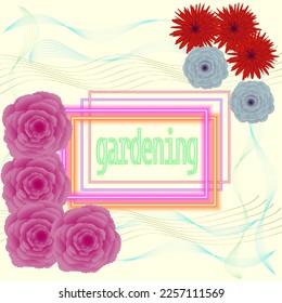 Vektorgrafiken. In Neon umrahmt die Aufschrift "Gartenarbeit". Es gibt fünf Dahlien in einer Ecke und vier rosa Rosen in der anderen.