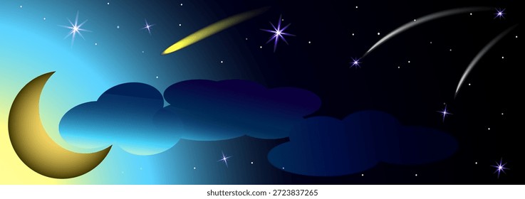 Gráficos de Vector. Paisaje nocturno. Nubes iluminadas por la luna, estrellas centelleantes, un cometa volador y meteoritos que caen.