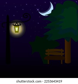 Vector graphics. Night landscape. There is a bench under the tree. Nearby is a city lamp. There is a moon and stars in the sky.