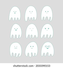 Vector graphics Nine drawn cute ghosts with different emotions on a light gray background