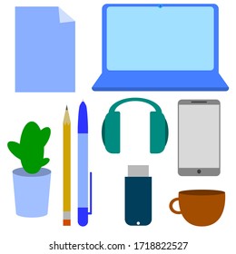 Vector graphics, Notebook, pen, pencil in a cup, cup of coffee, cactus, sheet of paper, flash drive, headphones on a wooden table. Flat design.